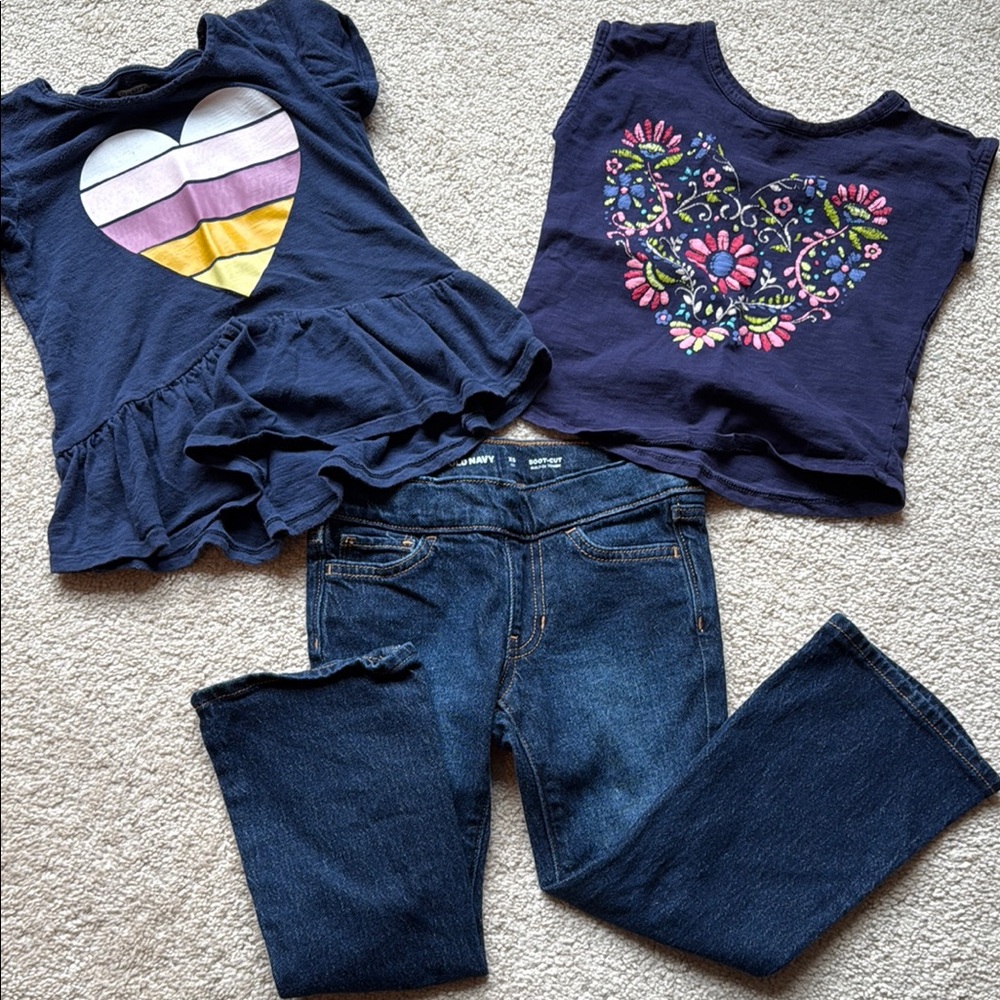 NWOT girls old navy flare jeans and 2 navy shirts